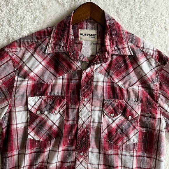 Rustler By Wrangler Shirt Mens Medium Large Red Plaid Pearl Snap Short Sleeve - Picture 4 of 9